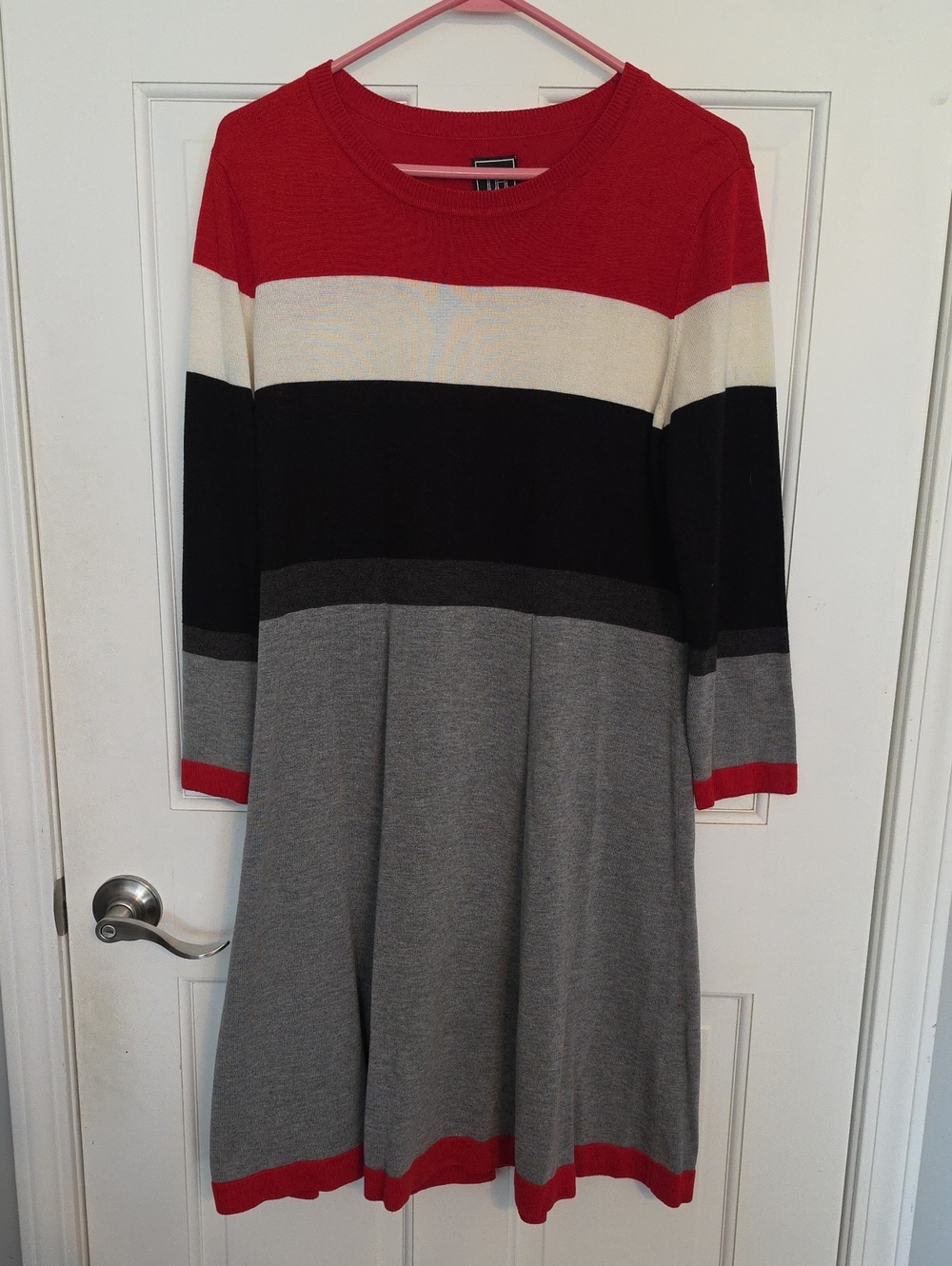 Colorblock Long-Sleeve Knit Dress in Red, Black, Ivory & Gray